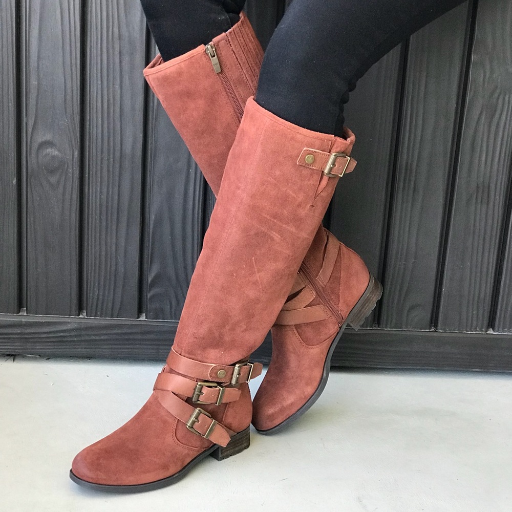 Rust Leather Buckle Ankle Lug Sole Knee High Boots - Picture 4 of 5